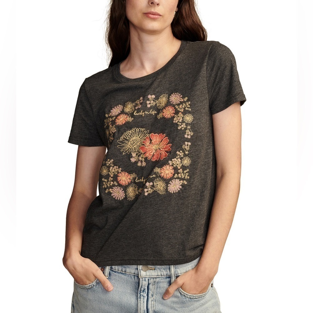 NEW NWT Lucky Brand SMALL Black Orange Embroidered Floral Stitched Tee graphic
